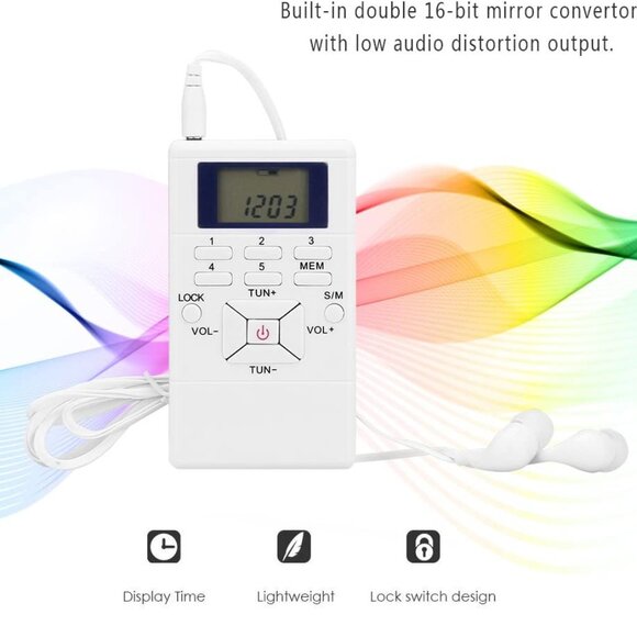 FM Pocket Radio Mini Digital Stereo with Clock and Earphones NIB - Picture 7 of 8